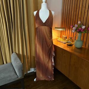 Vtg 90s/00s Taboo Brown Ombre Glitter Halter Maxi Dress Plus Size 2X Formal Gown